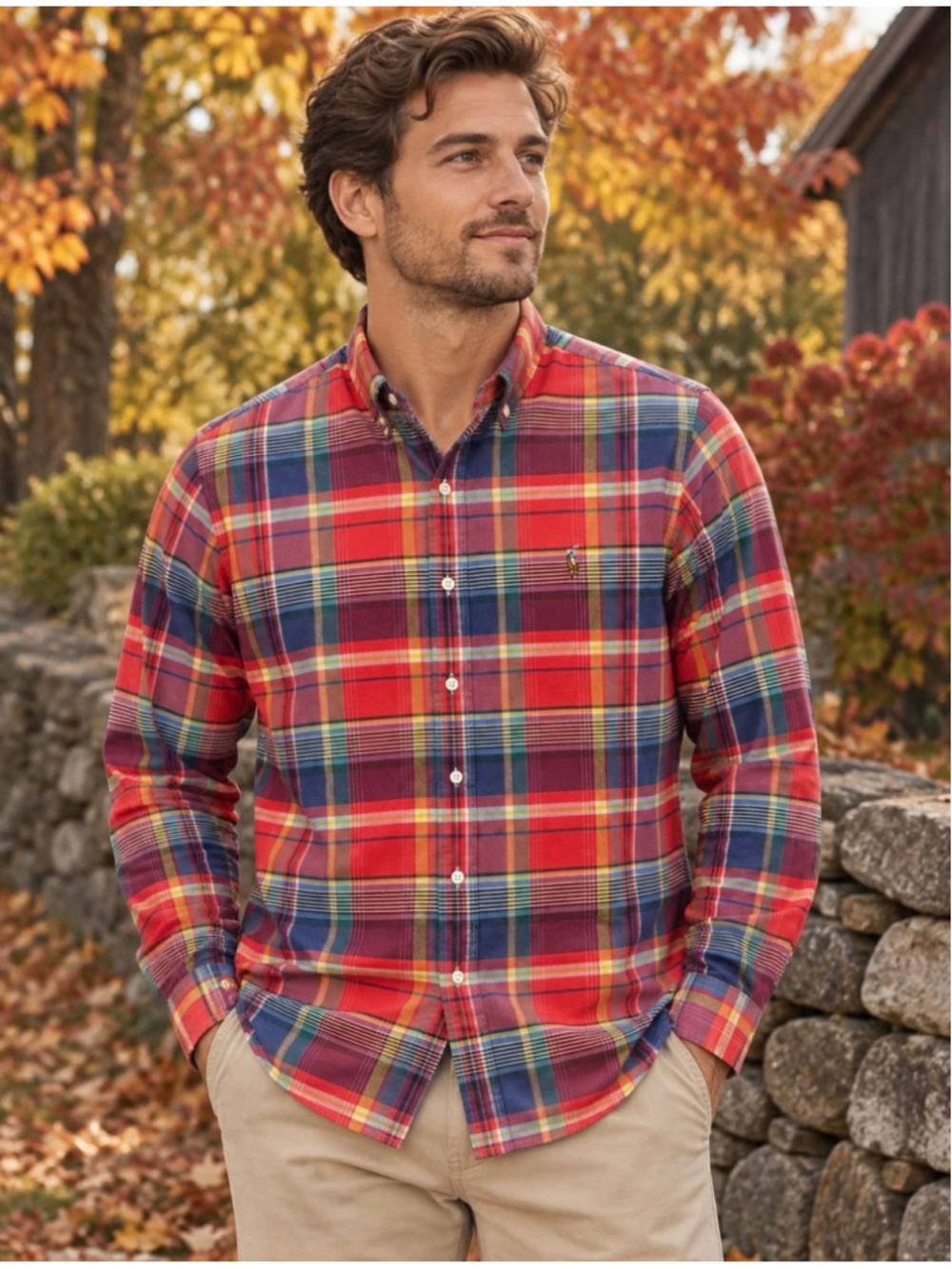Ralph Lauren Men’s Large Red Plaid Madras Shirt 100% Cotton Button Down Pony